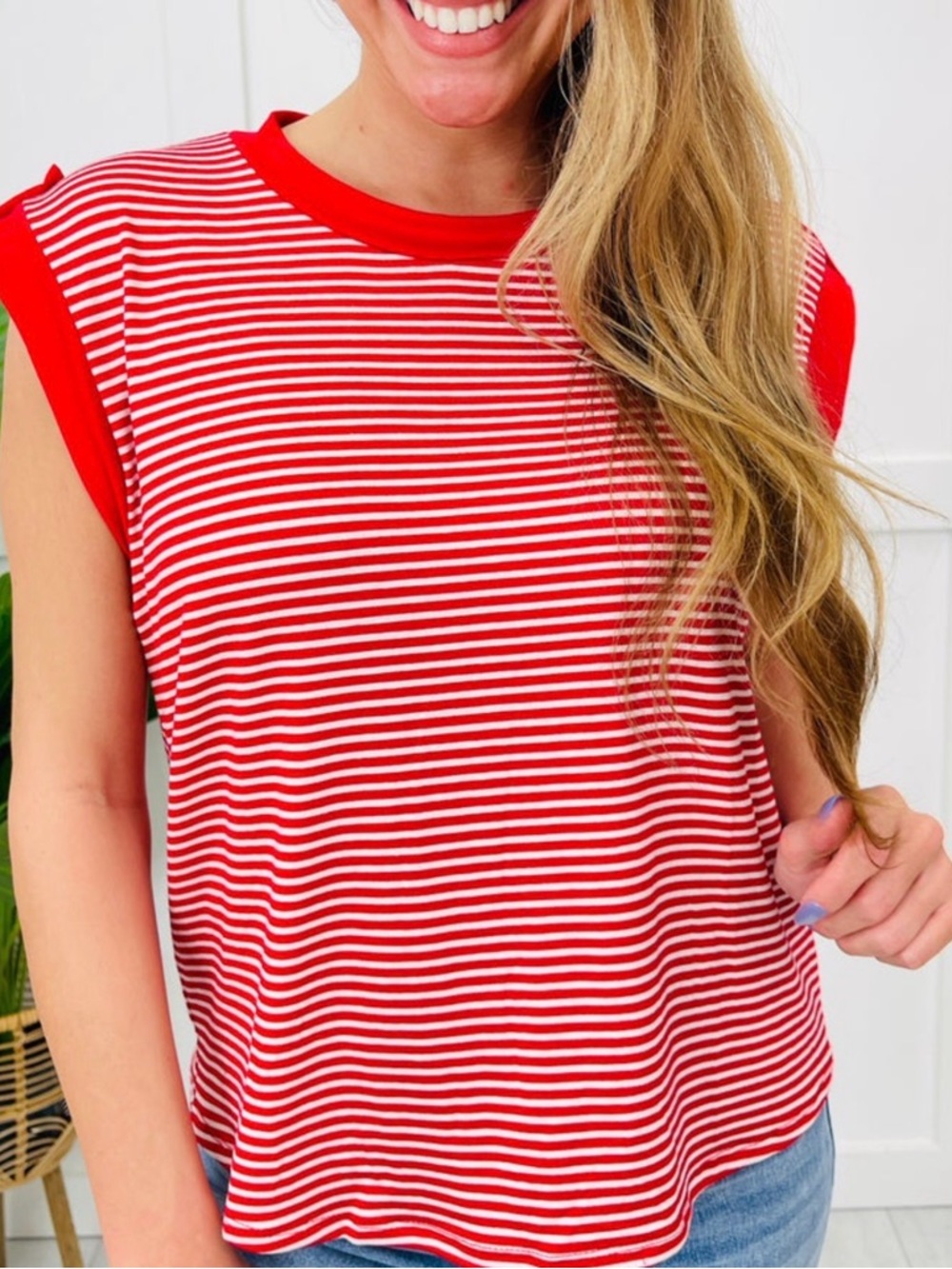 Red Striped Sleeveless Crewneck Top